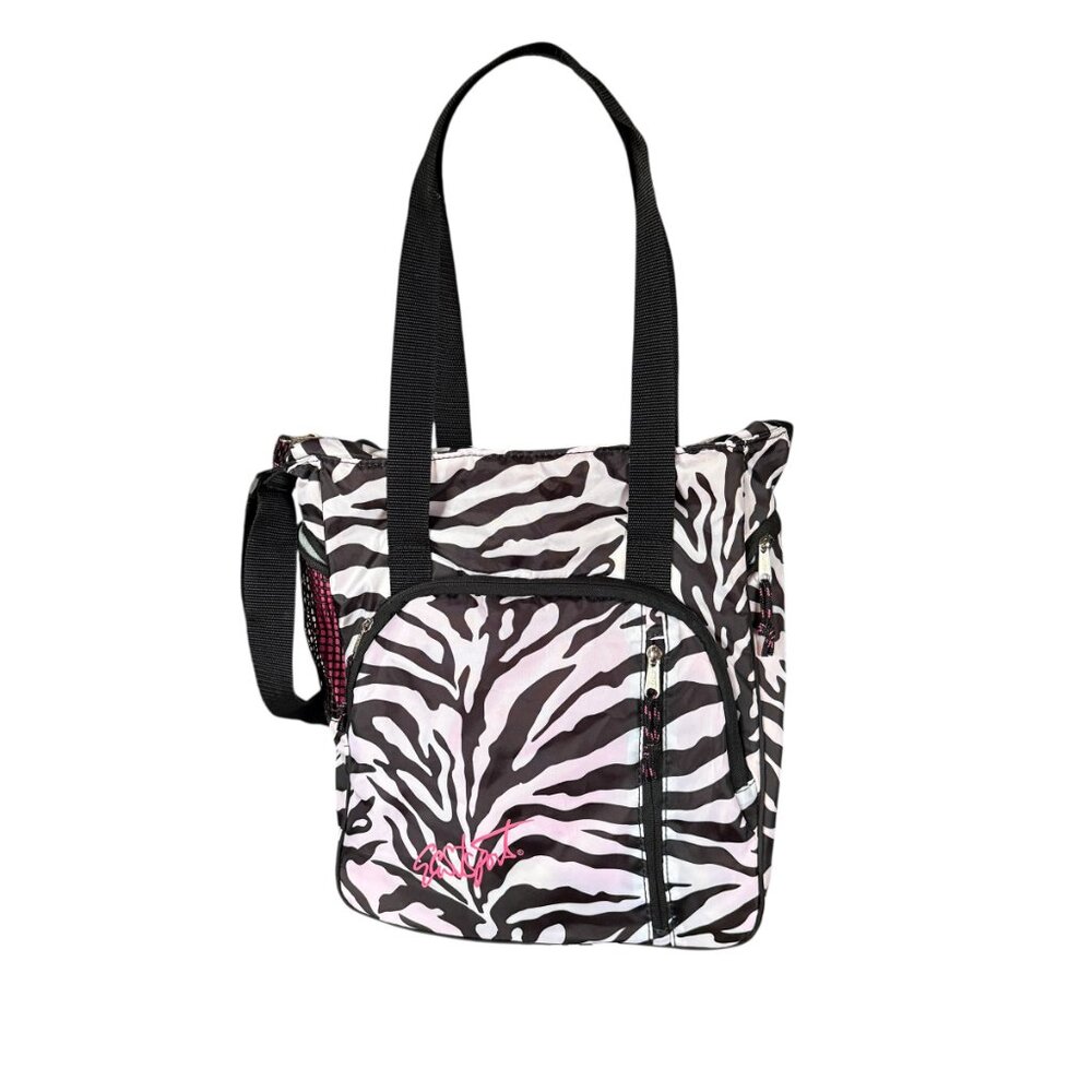 Eastsport women's tote shoulder bag black and white Y2K zebra print pink accent